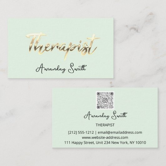 Therapist Golden ScriptQR Code Logo Mint Green Visitekaartje (Voorkant / Achterkant)