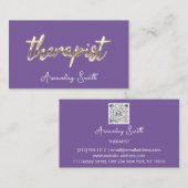 Therapist Golden ScriptQR Code Logo Paars Modern Visitekaartje (Voorkant / Achterkant)
