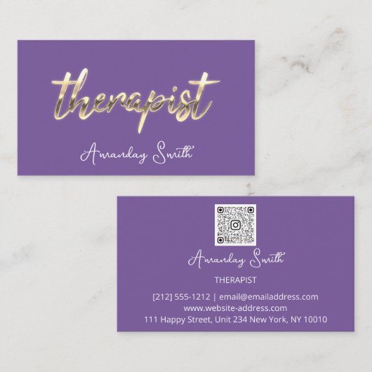 Therapist Golden ScriptQR Code Logo Paars Modern Visitekaartje (Voorkant / Achterkant)