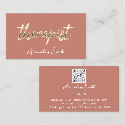 Therapist Golden ScriptQR Code Natural Roos Visitekaartje (Voorkant / Achterkant)