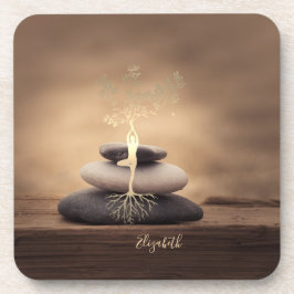 Therapist Zen Stones, Gold Tree Silhouette Brown Bier Onderzetter