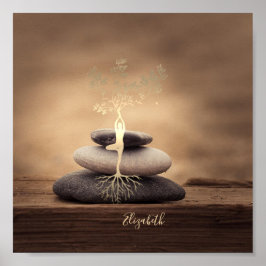 Therapist Zen Stones, Gold Tree Silhouette Brown Poster