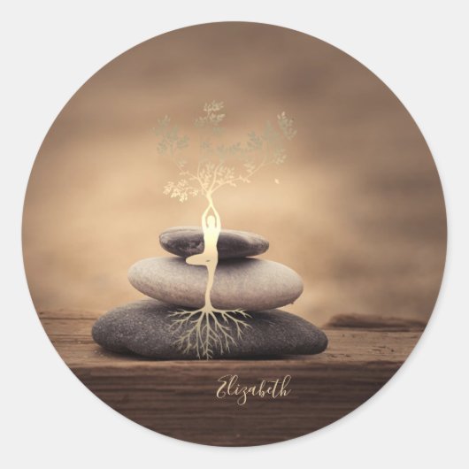Therapist Zen Stones, Gold Tree Silhouette Brown Ronde Sticker (Voorkant)