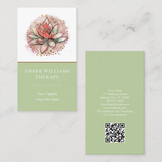 Therapistische spa Succulent Yoga Healing QR Code Visitekaartje (Voorkant / Achterkant)