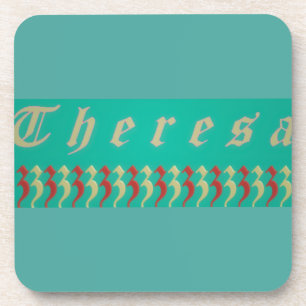 Theresa Grafische naam design aqua blue en red Bier Onderzetter