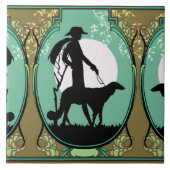 Theresa in Aqua & Olive - Art Deco Lady met hond Tegeltje (Voorkant)