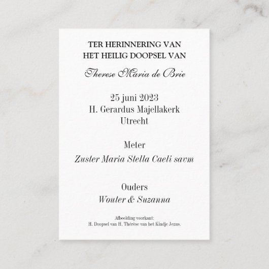 Therese Maria Doop Plaatskaartje (Achterkant)