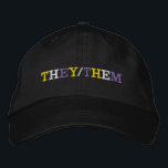 They Them Nonbinary Pride Geborduurde Pet<br><div class="desc">They/Them written in yellow,  white,  and purple pride colors on a black hat for a non-binary person. The nonbinary flag colors and their pronouns.</div>