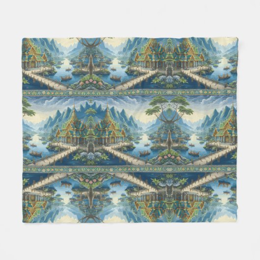 Thibaut Aziatisch Schilderachtig blauw en groen de Fleece Deken (Voorkant (Horizontaal))