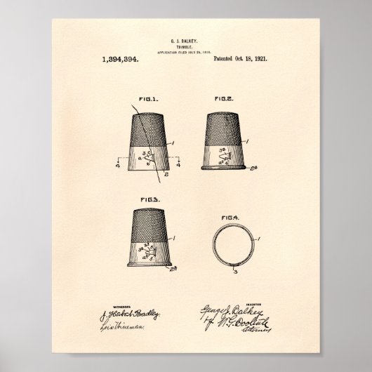 Thimble 1921 Patent Art Old Peper Poster (Voorkant)