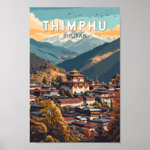 Thimphu Bhutan Illustration Travel Art Vintage Poster