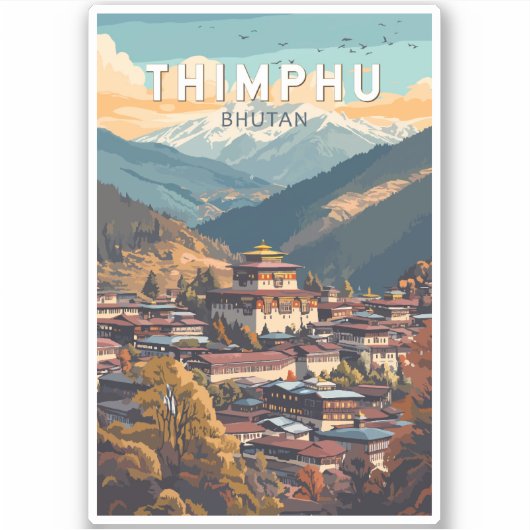 Thimphu Bhutan Illustration Travel Art Vintage Sticker (Voorkant)