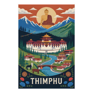 Thimphu Bhutan Retro Reisposter Perfect Poster