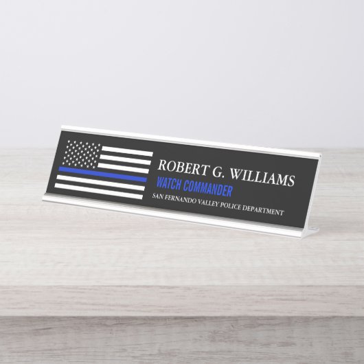 Thin Blue Line American Flag Gepersonaliseerd Bureau Naambordje (Voorkant)