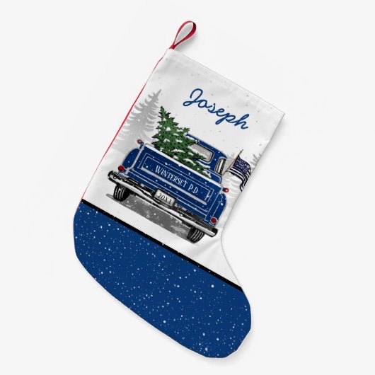 Thin Blue Line  Blue Truck Police Dept Kleine Kerstsok (Voorkant (Hangend))