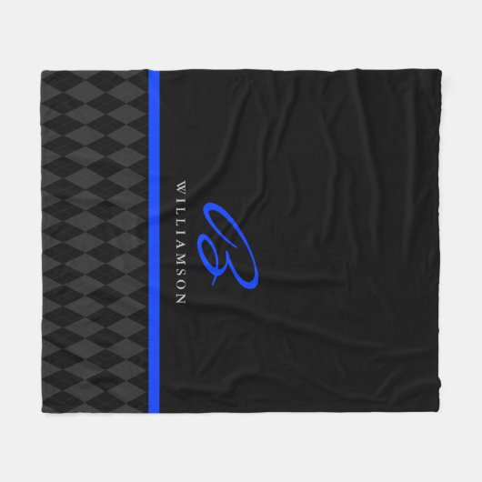 Thin Blue Line Custom Monogram Black Argyle Fleece Deken (Voorkant (Horizontaal))
