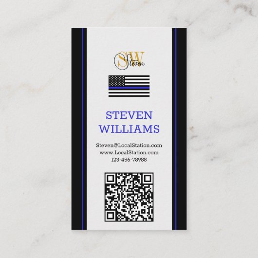 Thin Blue Line en Modern QR Code / Monogramnaam Visitekaartje (Achterkant)