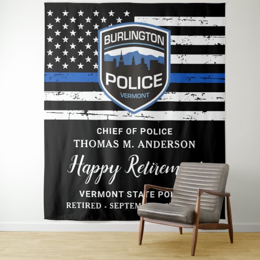 Thin Blue Line Flag Custom Logo Police Retirement Wandkleed (In situ)