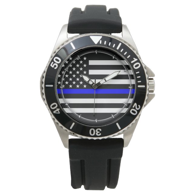 Thin Blue Line Graphic op Amerikaanse vlag Horloge (Voorkant)