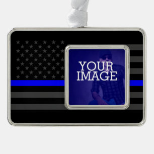 Thin Blue Line Grey US Vlag je Afbeelding op een Verzilverd Omlijst Ornament