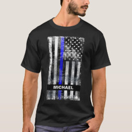 Thin Blue Line Grunge Flag Name T-Shirt