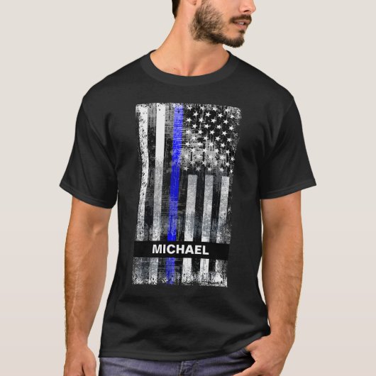 Thin Blue Line Grunge Flag Name T-Shirt (Voorkant)