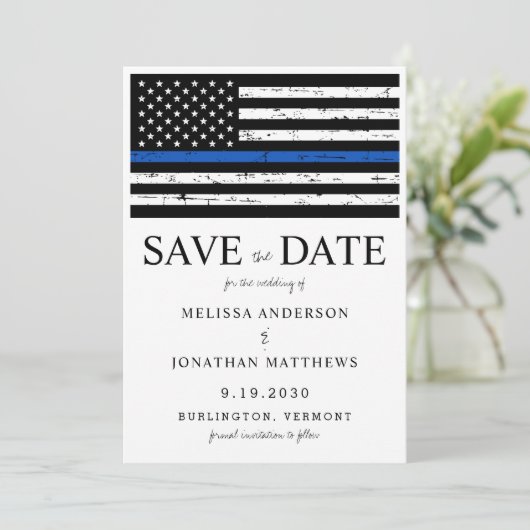 Thin Blue Line Law Enforcement Police Weddenschap Save The Date (Staand voorkant)