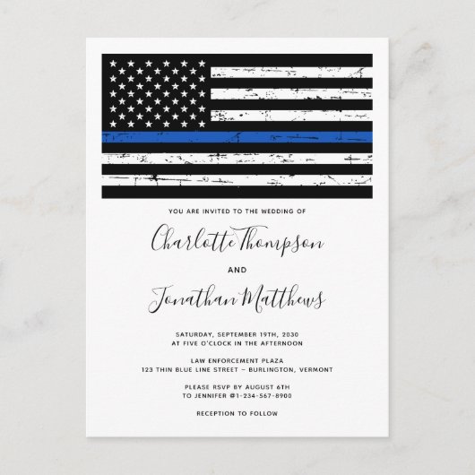 Thin Blue Line Law Enforcement Police Weddenschap Uitnodiging Briefkaart (Voorkant)