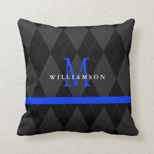 Thin Blue Line Monogram Black Argyle Patroon Kussen