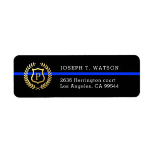 Thin Blue Line Monogram Faux Gold Shield Address Etiket