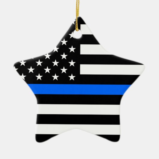 "THIN BLUE LINE OP AMERIKAANSE VLAG" KERAMISCH ORNAMENT (Voorkant)