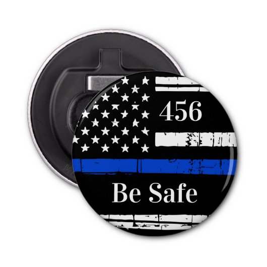 Thin Blue Line Personalized Badge Number Politie Button Flesopener (Voorkant)
