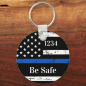 Thin Blue Line Personalized Badge Number Politie K Sleutelhanger (Voorkant)