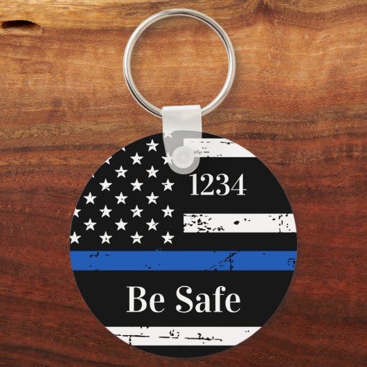 Thin Blue Line Personalized Badge Number Politie K Sleutelhanger (Voorkant)