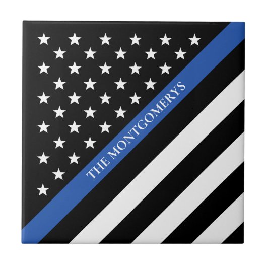 Thin Blue Line Police American Flag Monogram Tegeltje (Voorkant)