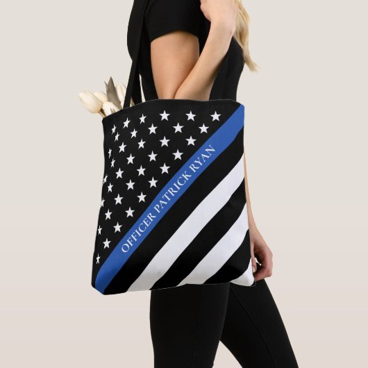 Thin Blue Line Police American Flag Monogram Tote Bag (Dichtbij)