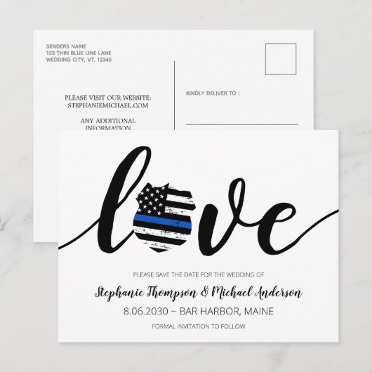 Thin Blue Line Police Enforcement Weduwen Save Aankondigingskaart (Voorkant / Achterkant)