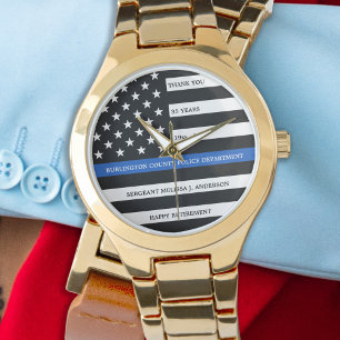 Thin Blue Line Police Officer Retirement Gold Horloge