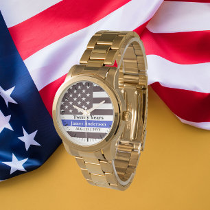 Thin Blue Line Police US FLAG Retirement Patriotic Horloge
