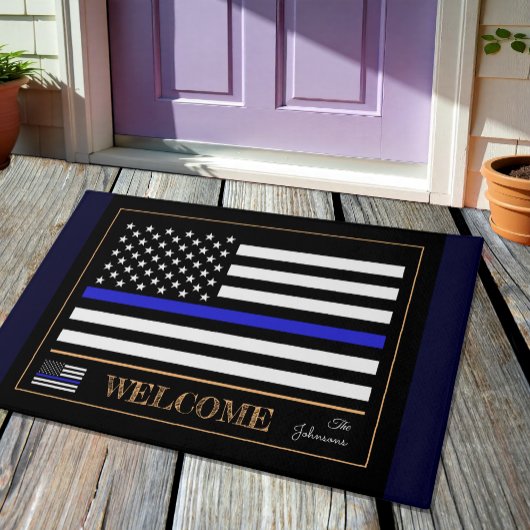 Thin Blue Line USA & American Flag Police Welcome Deurmat