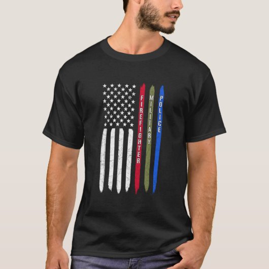 Thin Blue Red Green Line American Flag Police Mili T-shirt (Voorkant)