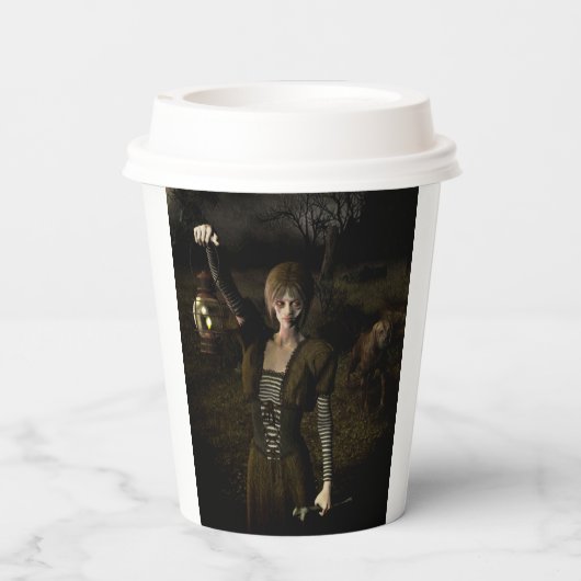 Thin female carrying lamp papieren bekers (Achterkant)