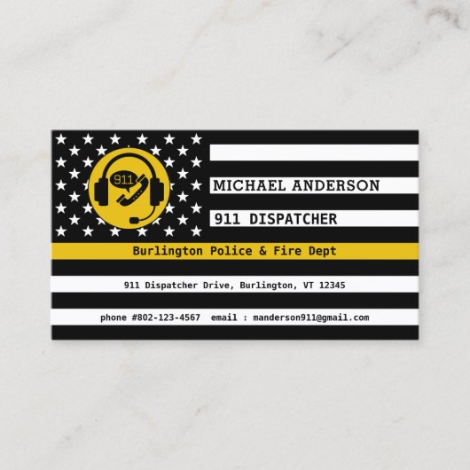 Thin Gold Line Flag Custom Logo 911 Dispatcher Visitekaartje (Voorkant)
