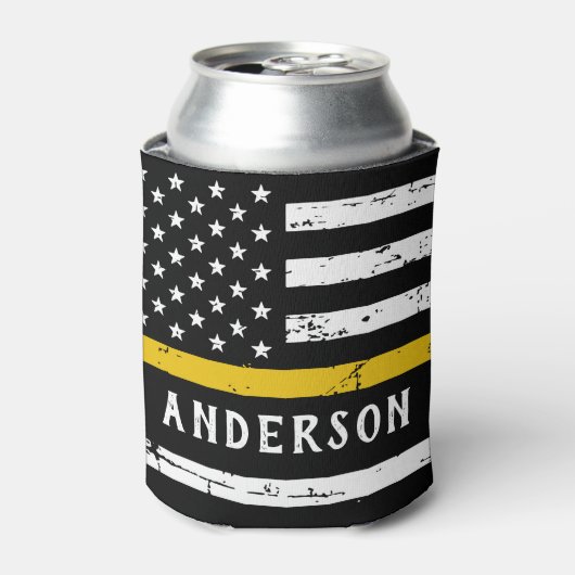 Thin Gold Line Flag op persoonlijke titel 911-verz Blikjeskoeler (Blikje Voorkant)