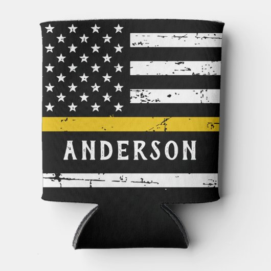 Thin Gold Line Flag op persoonlijke titel 911-verz Blikjeskoeler (Voorkant)