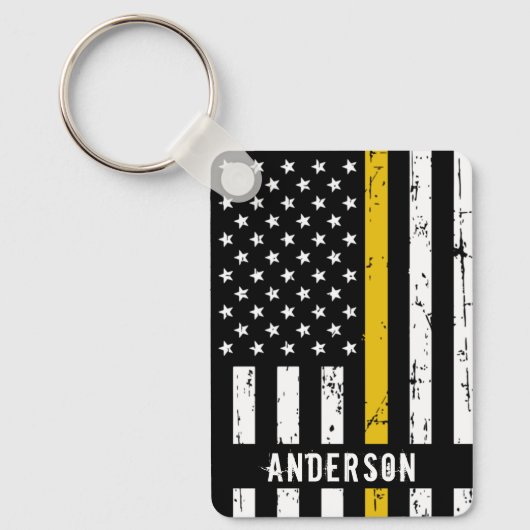 Thin Gold Line Flag Rustic Personalized Dispatcher Sleutelhanger (Voorkant)