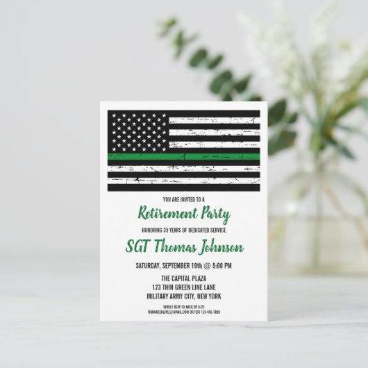 Thin Green Line American Flag Military Retiting Aankondigingskaart (Staand voorkant)