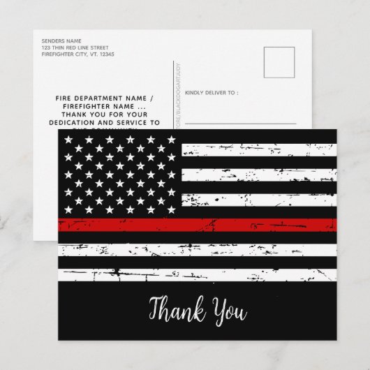 Thin Red Line Brandweer Brandweerman Dank u Briefkaart (Voorkant / Achterkant)