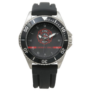 Thin Red Line Custom Name Stripe Firefighter Horloge
