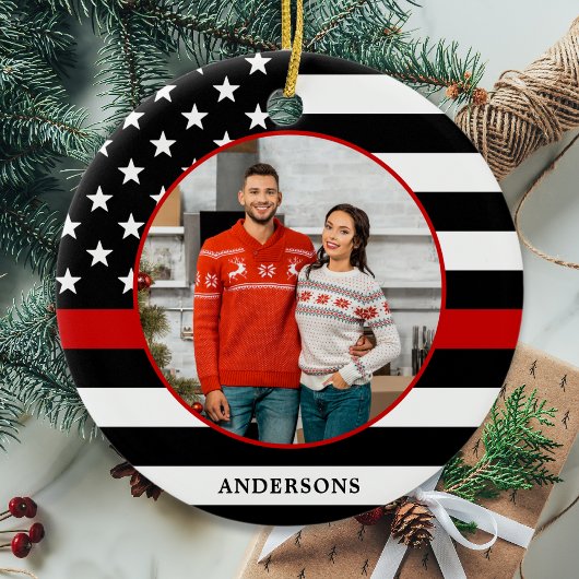 Thin Red Line Custom Photo Firefigher Kerstmis Keramisch Ornament